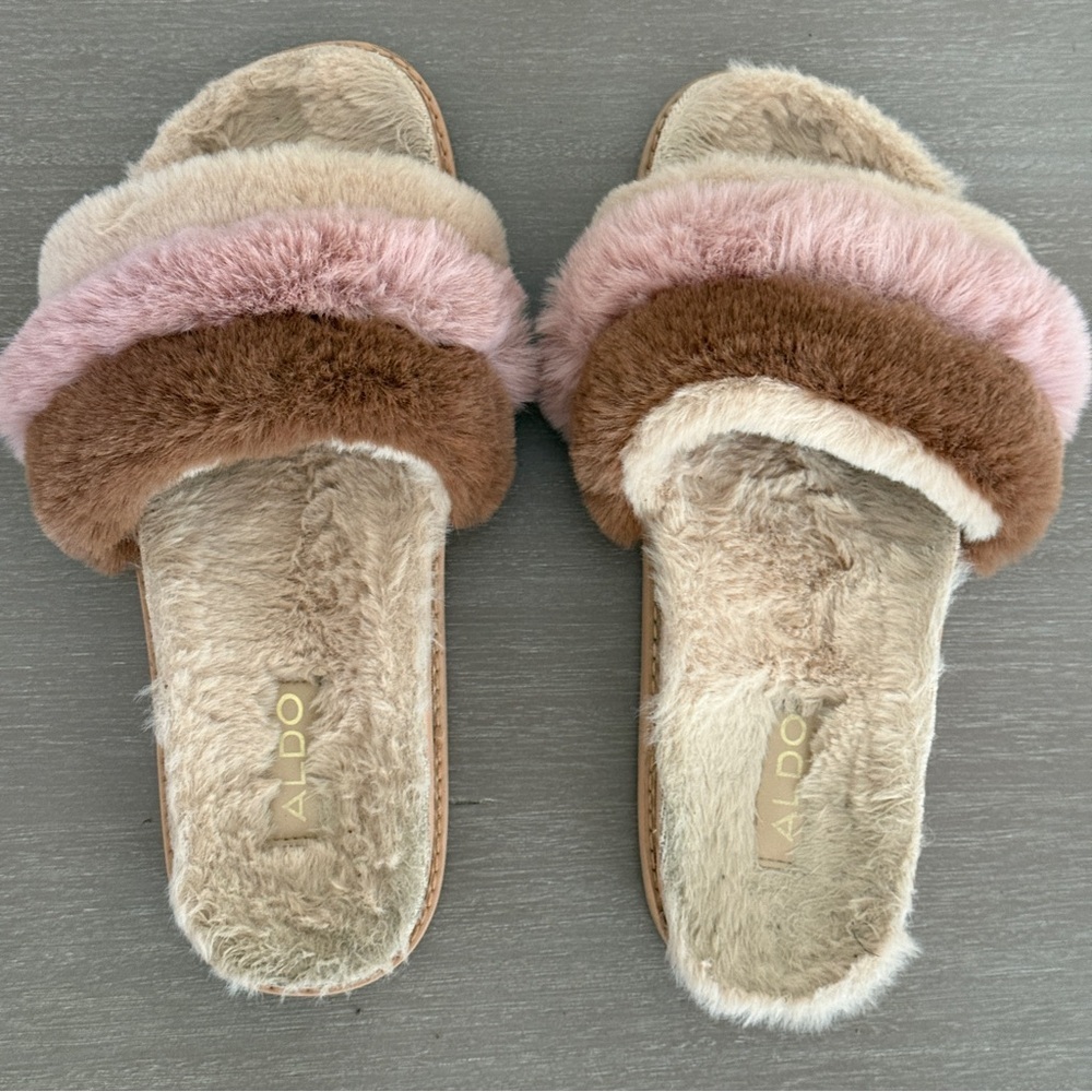 Aldo Women's Fuzzy Pink and Brown Slide Slippers - Picture 3 of 5